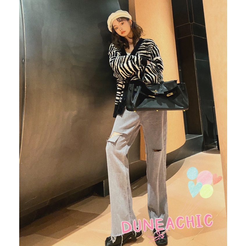 DUNEA Quần Jeans Nữ Lưng Cao Ống Rộng Thời Trang Hàn Quốc Cá Tính