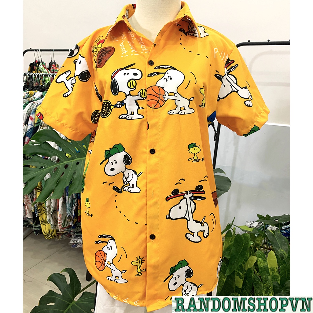 Áo sơ mi hoạt hình đi biển  snoppy chất liệu kate lụa nam nữ đều mặc đẹp.