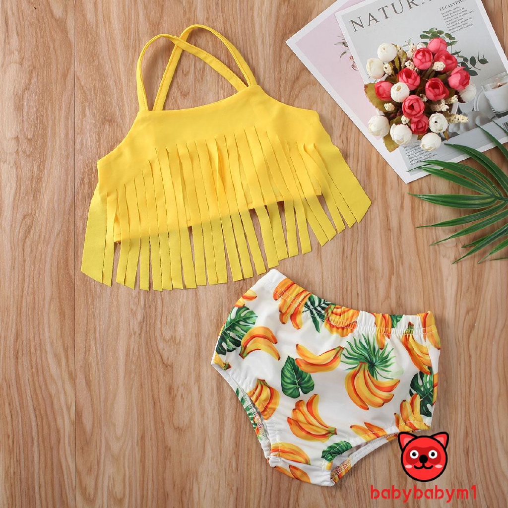 ★HZLToddler Kids Baby Girls Swimwear Tankinis Summer Tassel Tops Banana Print Shorts Swimsuit Beach Barhing Pool