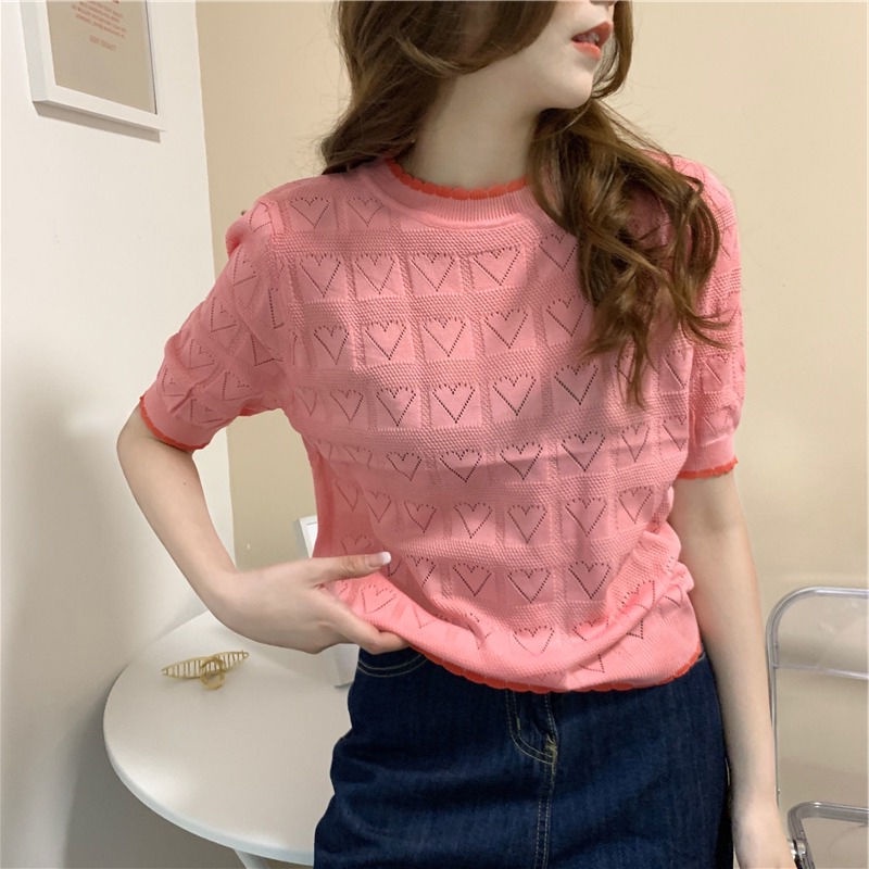 Áo sweater Dệt Kim Tay Ngắn Dáng Rộng Họa Tiết Trái Tim Thời Trang Mùa Hè Cho Nữ