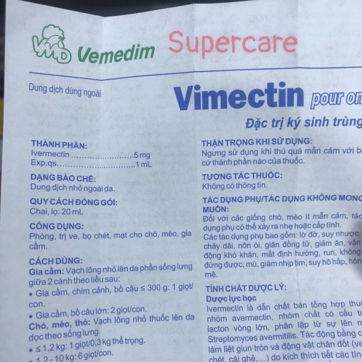 VIMECTIN  Pour On 20ml  - Nhỏ Giọt Phòng Tri Ve, Bọ Chét, Mạt Cho Chó , Mèo , Gia Cầm