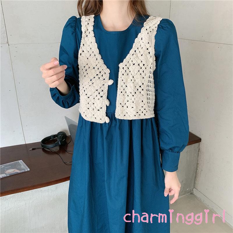 Áo khoác len không tay cổ chữ V màu sắc đơn giản cho nữ
