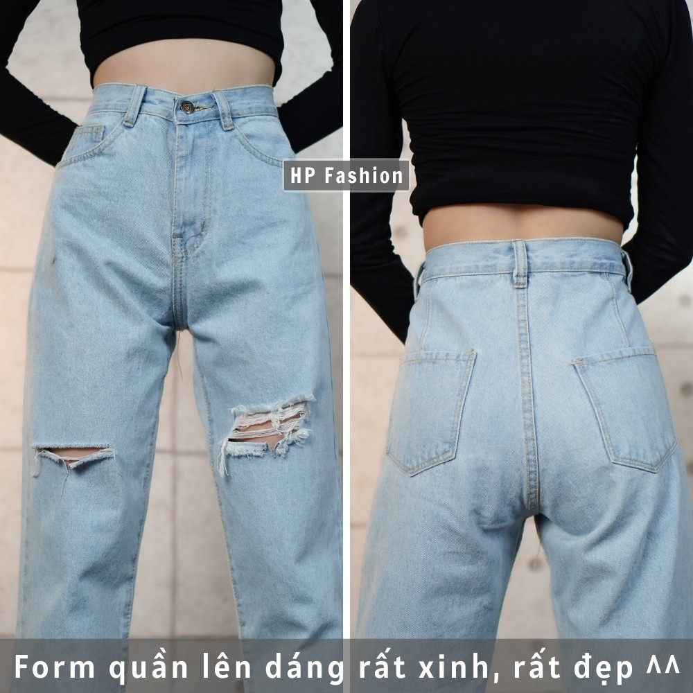 Quần baggy nữ ❤️ Quần jean cạp lưng cao rách đùi, gấu tua rua chất bò dày dặn trẻ trung - QJ08