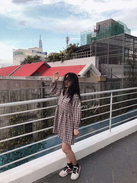Đầm babydoll caro tay dài. 2 màu xinh