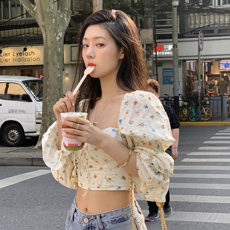 QKOOLE  Áo kiểu tay dài cổ vuông in họa tiết hoa phong cách Hàn Quốc thời trang cho nữ