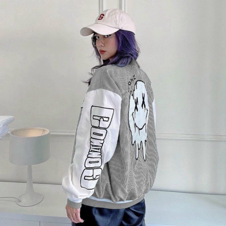 Áo khoác bomber kaki nhung gân unisex in hoạ tiết phối màu kiểu áo bóng chày phong cách hàn - lovess_shop