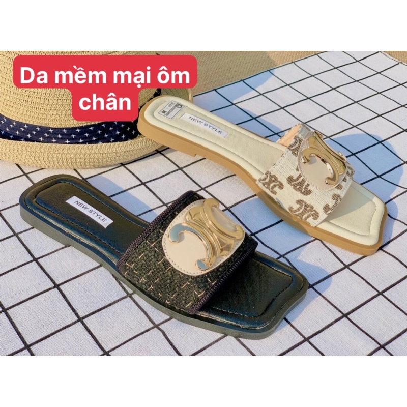 Dép lê nữ thời trang kiểu mới mũi vuông đế bệt quai vải .xích ôm chân