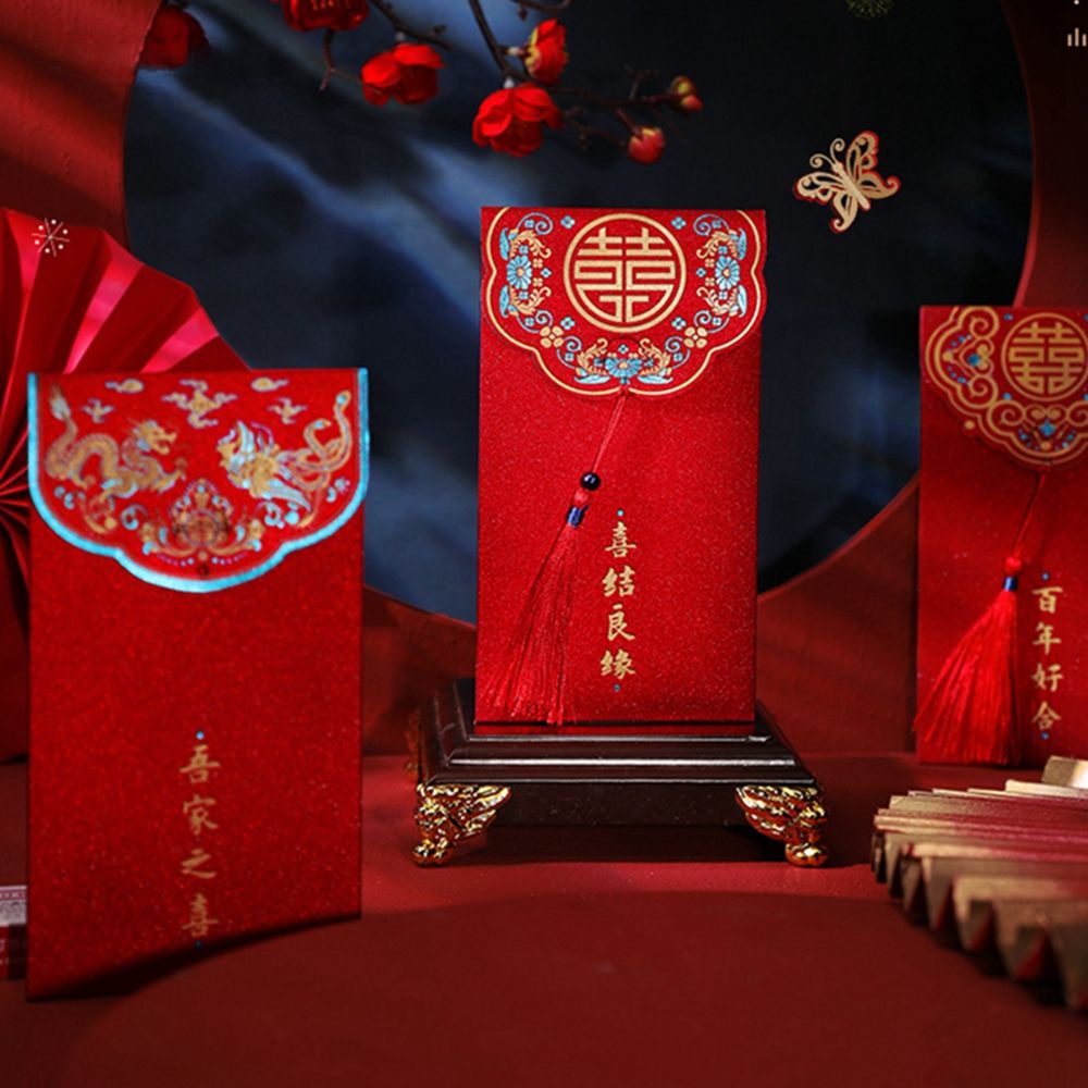Set 10 bao lì xì năm mới 2022 màu đỏ phối tua rua
