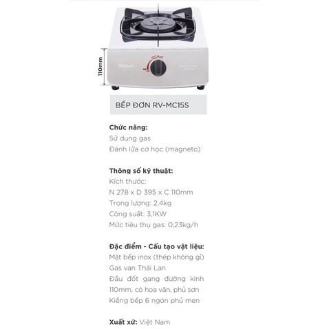 Bếp gas đơn Rinnai RV-MC15S.model mới 2021,tiết kiêm gas,hàng chính hãng, bảo hành 2 năm