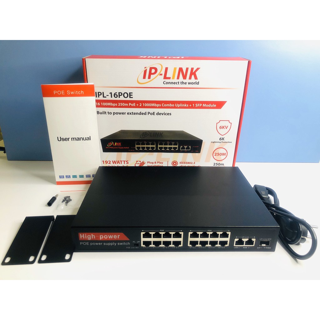 [Mã 159ELSALE hoàn 7% đơn 300K] Switch chia mạng POE 16 Port IP-Link + 2 Uplink 100/1000 Mbps