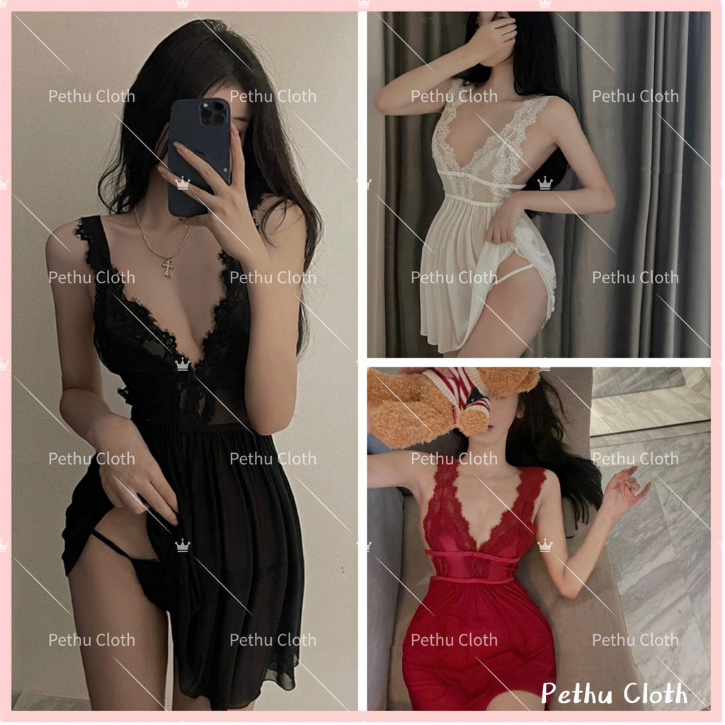 （Giao hàng bảo mật）FreeshipVáy ngủ sexy chất liệu ren mềm mại chống nhăn cổ chữ V sâu gợi cảm 40-65kg--001