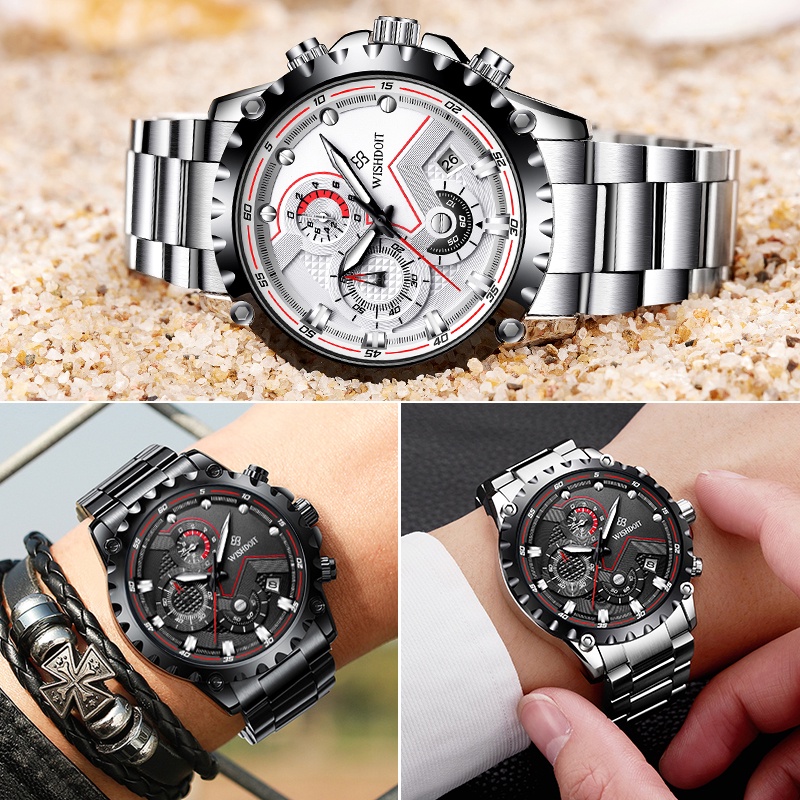 Đồng hồ thể thao WISHDOIT chống thấm nước bằng thép không gỉ Chronograph thời trang cho nam giới có hộp quà tặng màu bạc/đenWSD-017