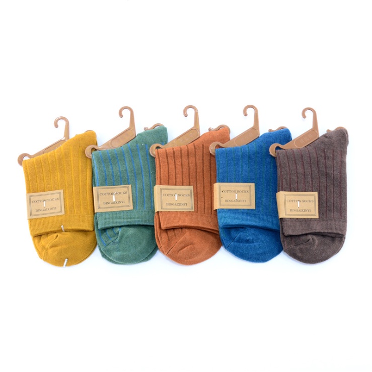 Set tất trơn cotton nhiều màu sọc gân cao cổ TN202