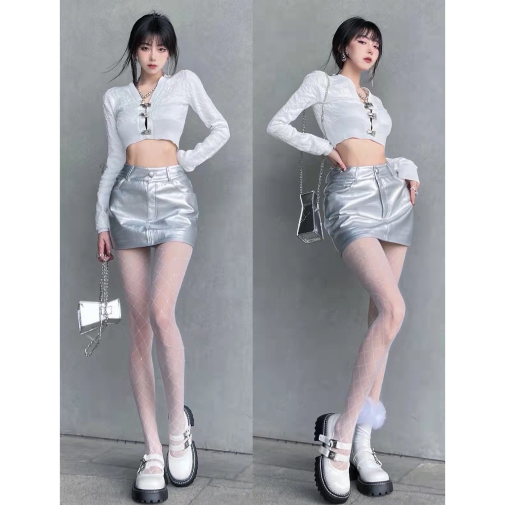 Cocory vn Chân Váy Ngắn Lưng Cao Màu Bạc Thời Trang Quyến Rũ Cho Nữ