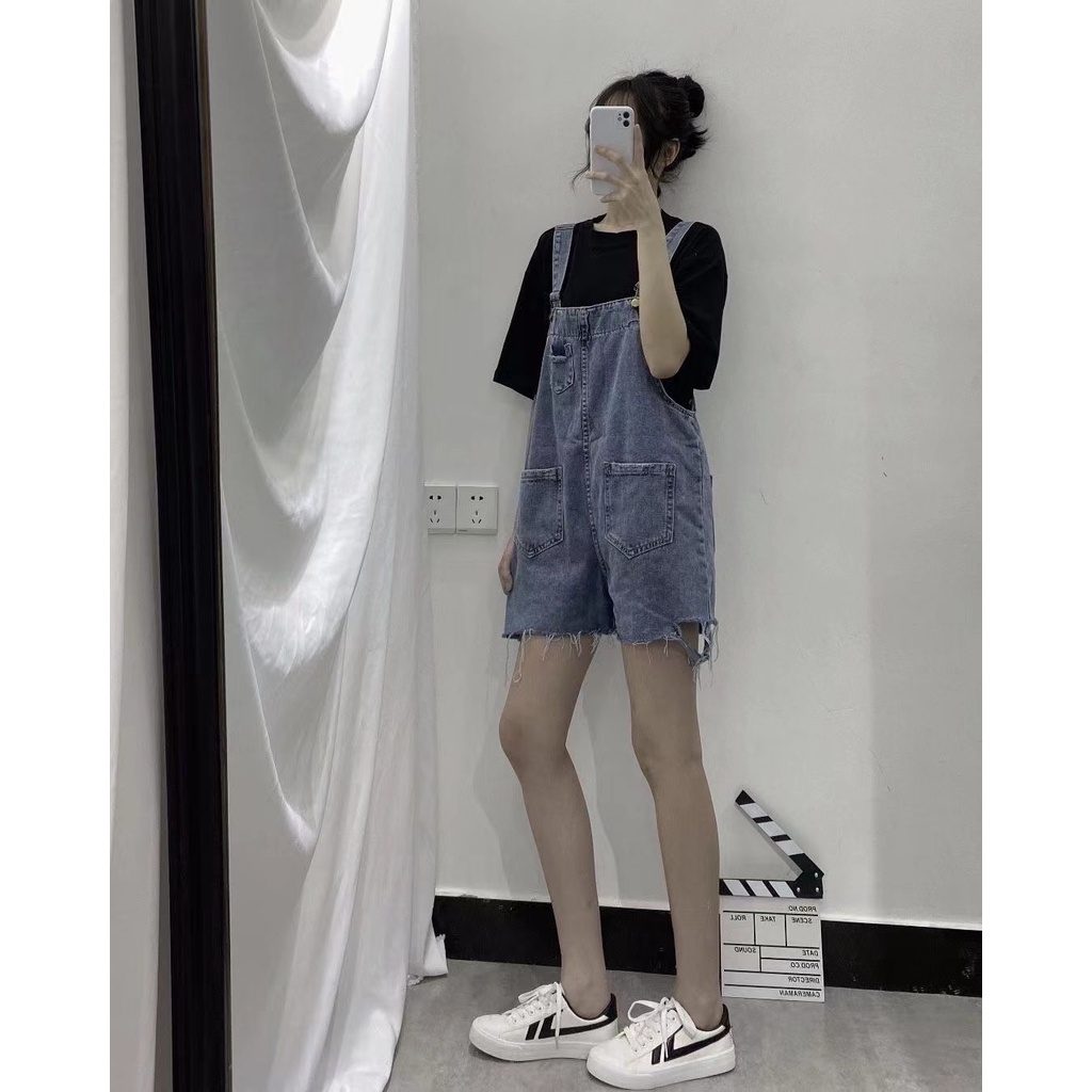 Quần Yếm Jean Ngắn Ống Rộng Phong Cách Hàn Quốc Dành Cho Nữ