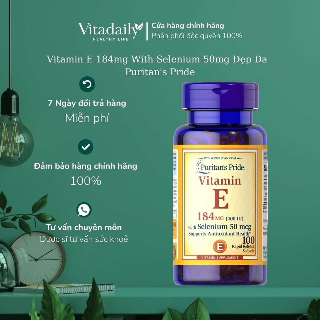 Viên Uống Đẹp Da Vitamin E 184mg With Selenium 50mg Puritan's Pride của Mỹ