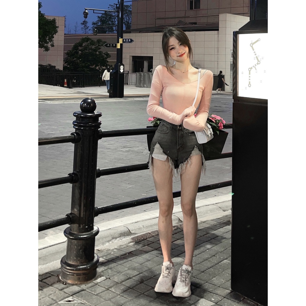 Cocory vn Quần Short Jean Rách Vintage Cho Nữ