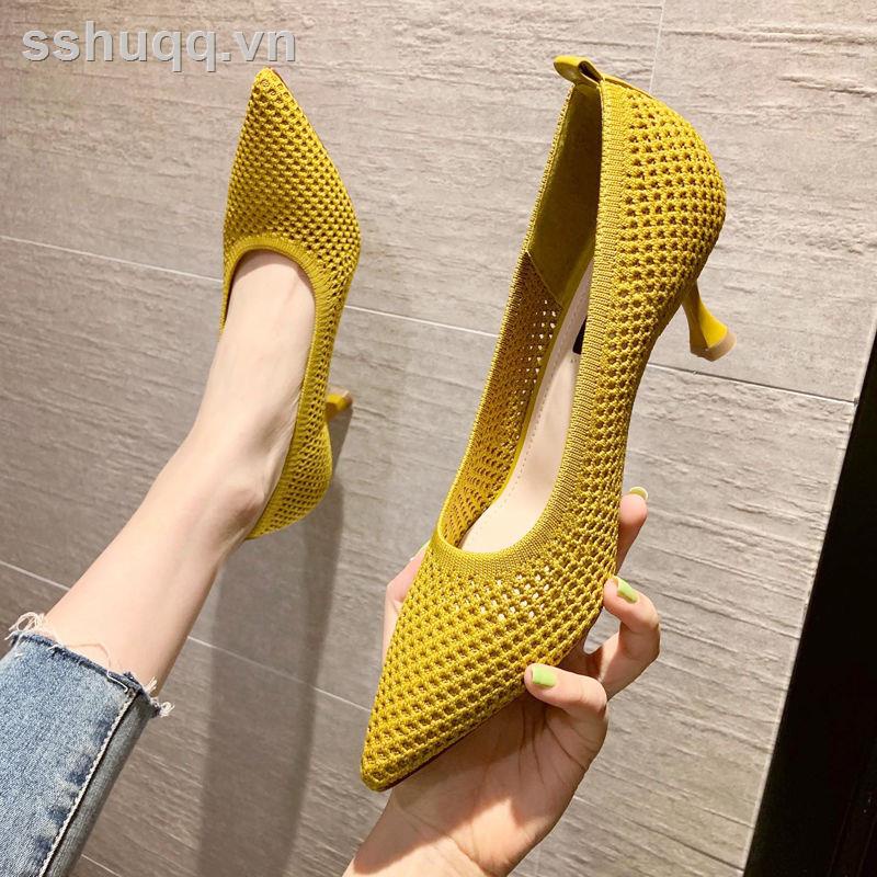 ●Women s shoes 5cm pointed high heels shallow mouth stiletto net red single shoes flying woven breathable net spring 2021 new women s shoes