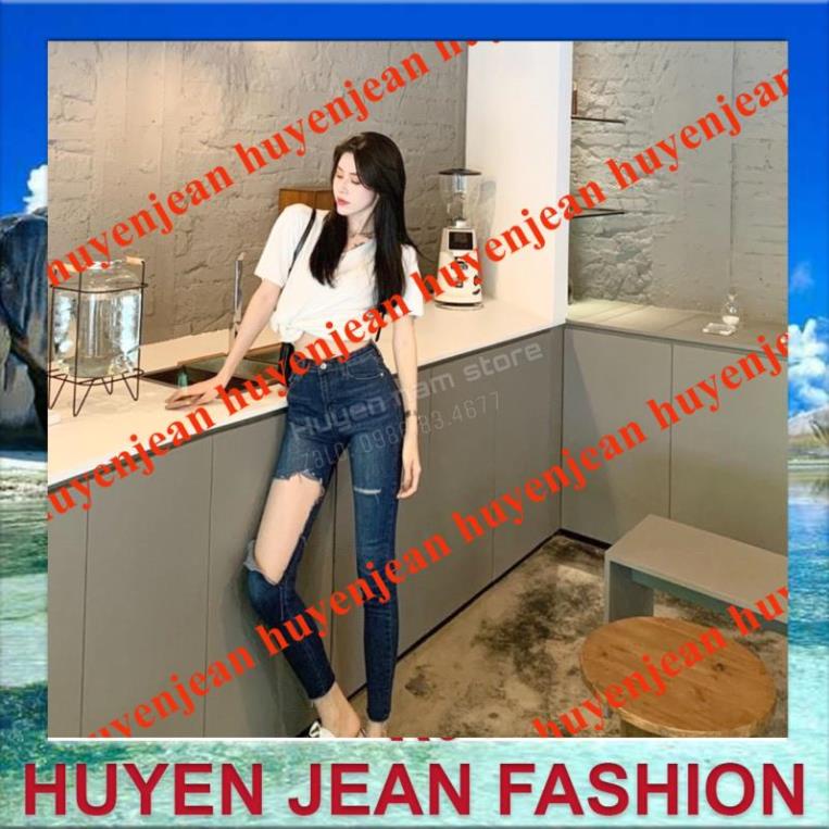 Quần jean nữ xẻ rách - quần dài 90cm cạp cao ôm dáng