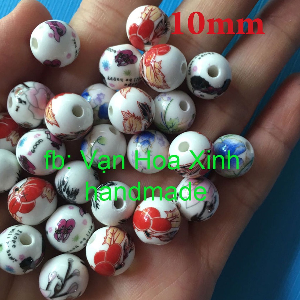 2 hạt gốm tròn hoa văn đẹp size 8-10mm, chọn size