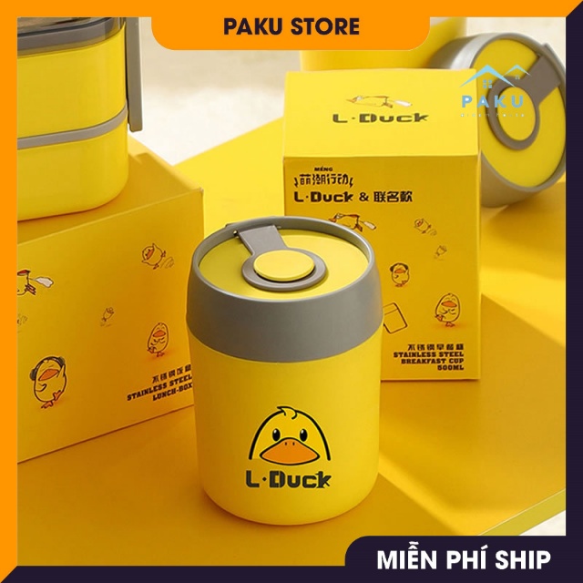 Bình Ủ Cháo Ruột Inox Cho Bé Có Quai Xách Vịt Vàng Dễ Thương LDuck