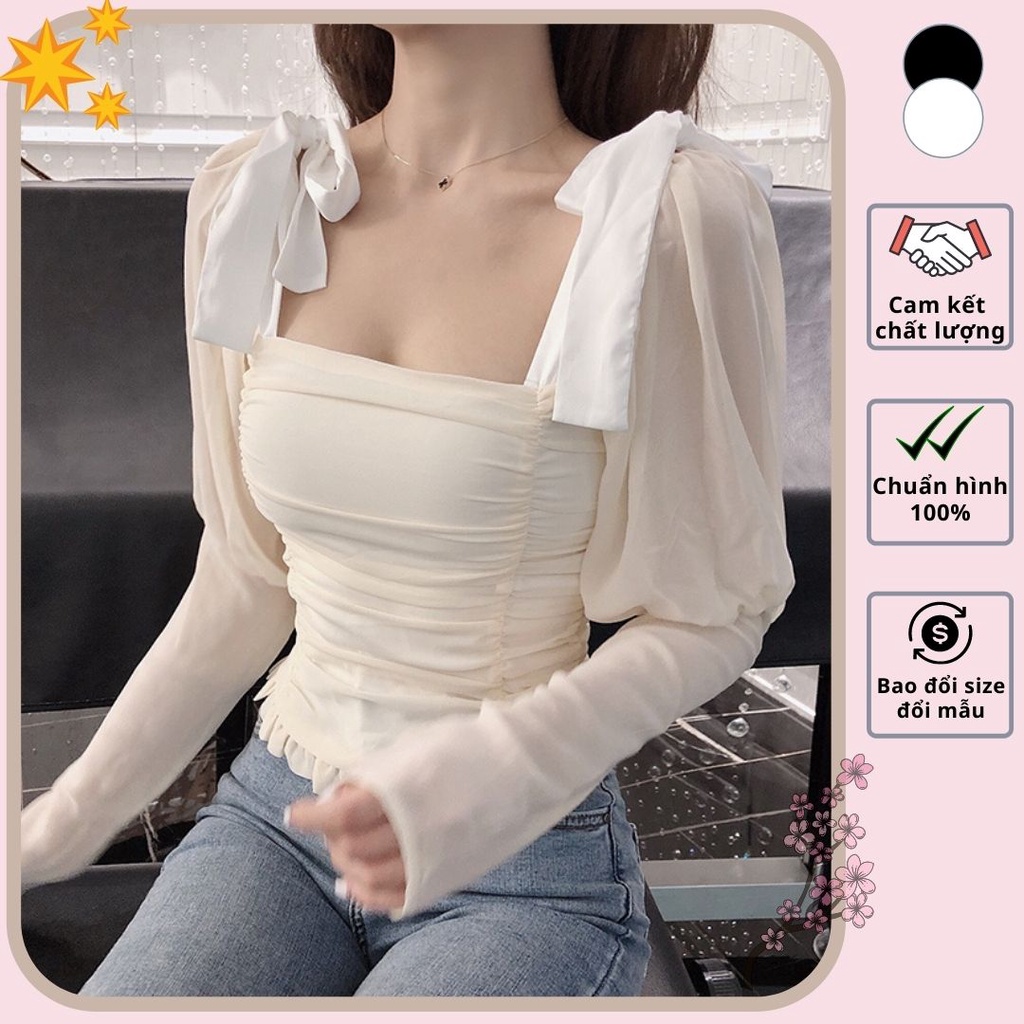 HÀNG NHẬP - ÁO KIỂU CỔ VUÔNG TAY DÀI THẮT NƠ VAI TIỂU THƯ - A14216
