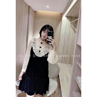 Bán sỉ váy nhung pha voan 3 nơ cổ