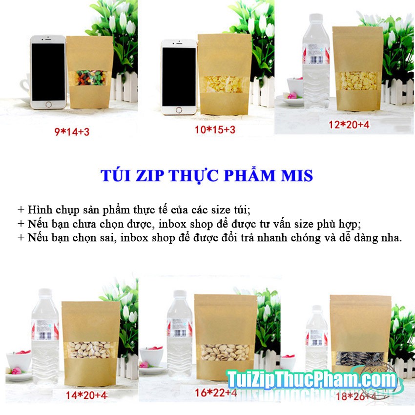 100 cái túi zip giấy kraft vàng size 9x14 cm cửa sổ tràn viền đựng 50g bột mịn, phủ CPP chống nước đựng thực phẩm