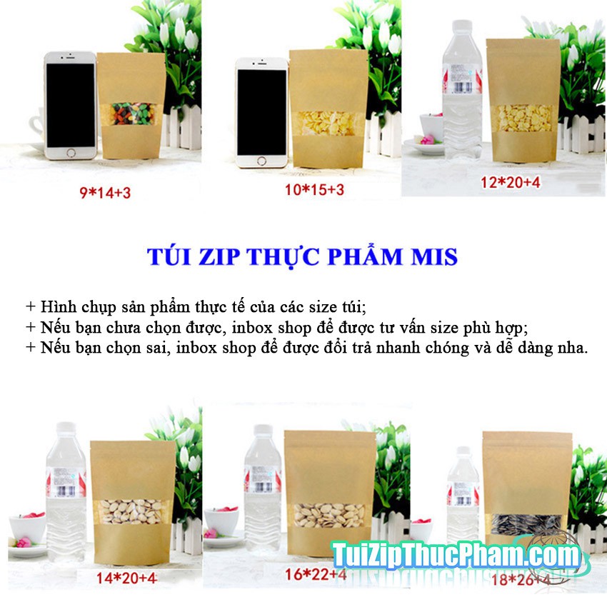 100 cái túi zipper size 12x20cm đựng 100g bột mịn, túi zip giấy kraft vàng có cửa sổ, túi zipper đựng thực phẩm