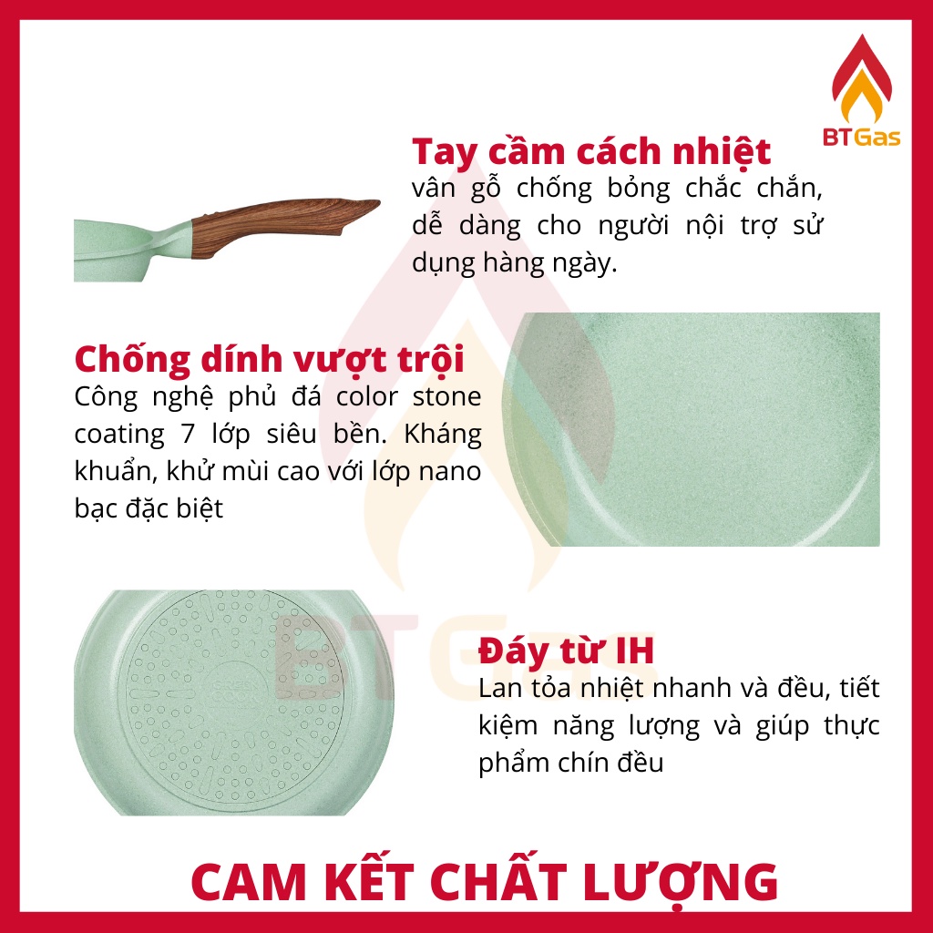 Chảo đúc đáy từ chống dính men đá ceramic xanh ngọc Green Cook GCP06 size 20-24-26-28 cm công nghệ Hàn Quốc