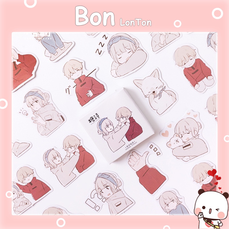 Sticker cute hoạt hình, hình dán sticker cute 45 miếng hình cô gái chàng trai trang trí sổ đáng yêu dễ thương giá rẻ