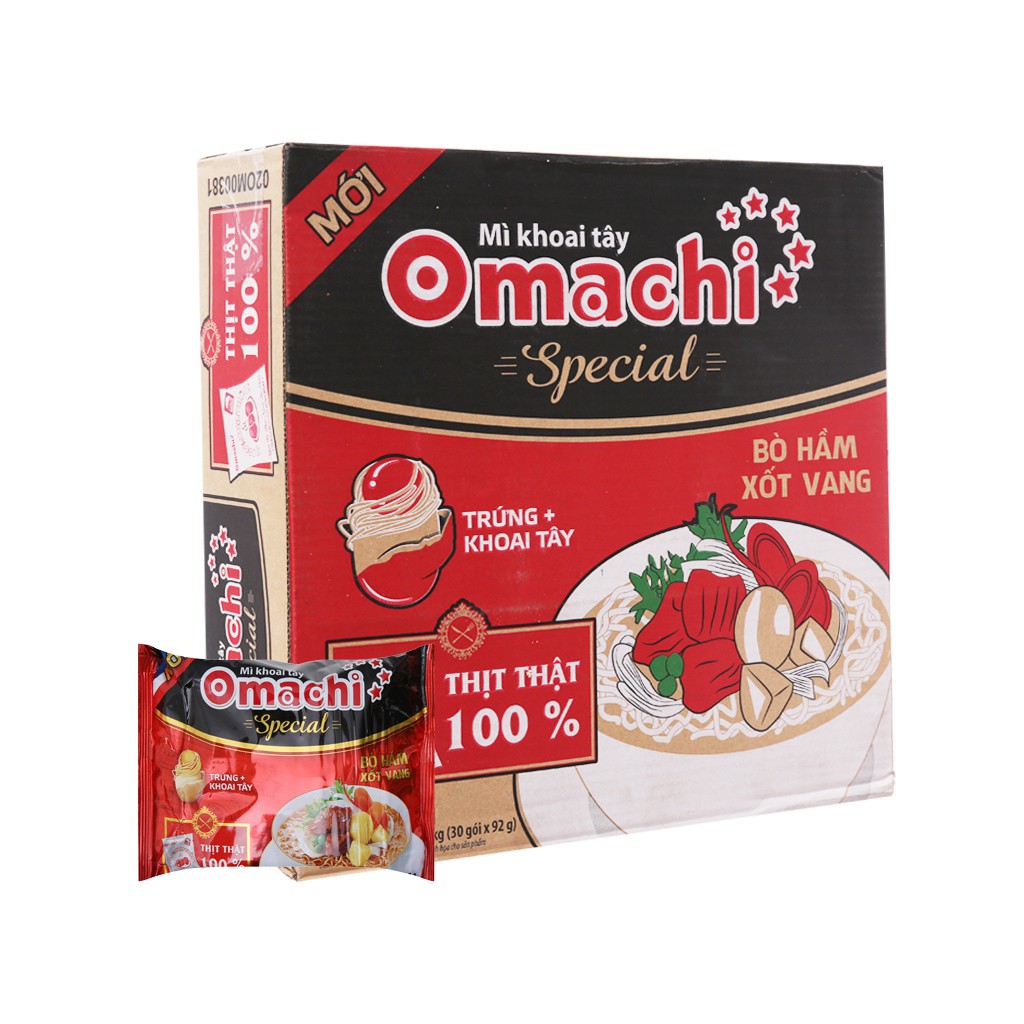 Thùng 30 gói Mì khoai tây Omachi Special bò hầm xốt vang 92g