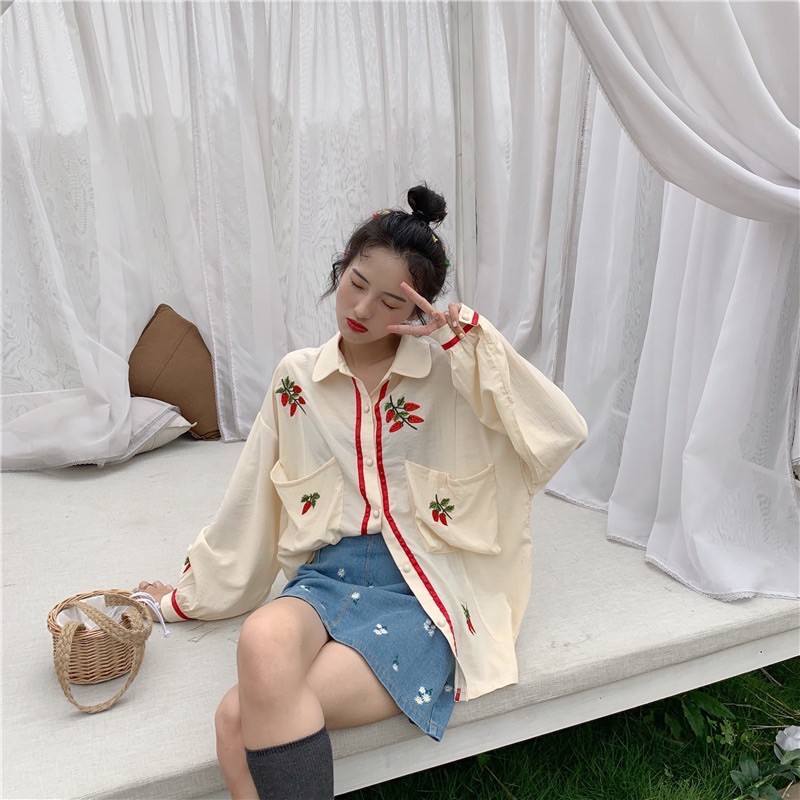 Chân váy jean thêu hoa A-line/ mini skirt SẴN