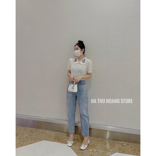 Áo len mỏng dáng croptop bo eo cổ thêu hoa Vintage