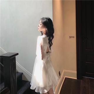 Đầm Lụa Phi Bóng Phối Tay Voan Hở Lưng‼️‼️