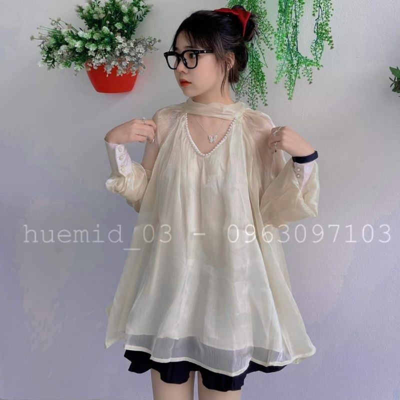 Áo kiểu nữ tơ ánh buộc cổ tay bồng, Áo tiểu thư voan tơ dáng xoè cực xinh