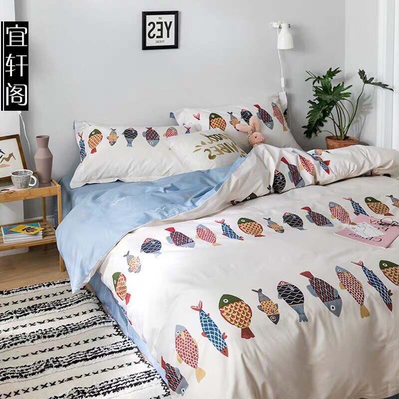 Bộ chăn ga gối cotton poly Lidaco decor phòng ngủ vintage - Cá Trắng Dọc