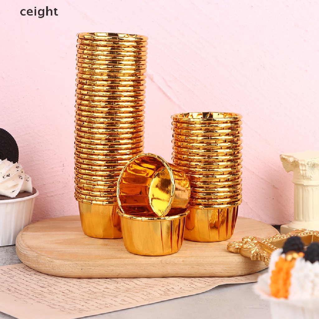 50 Cốc Mini Làm Bánh Cupcake Bằng Lá Kim Loại Màu Vàng/ Bạc