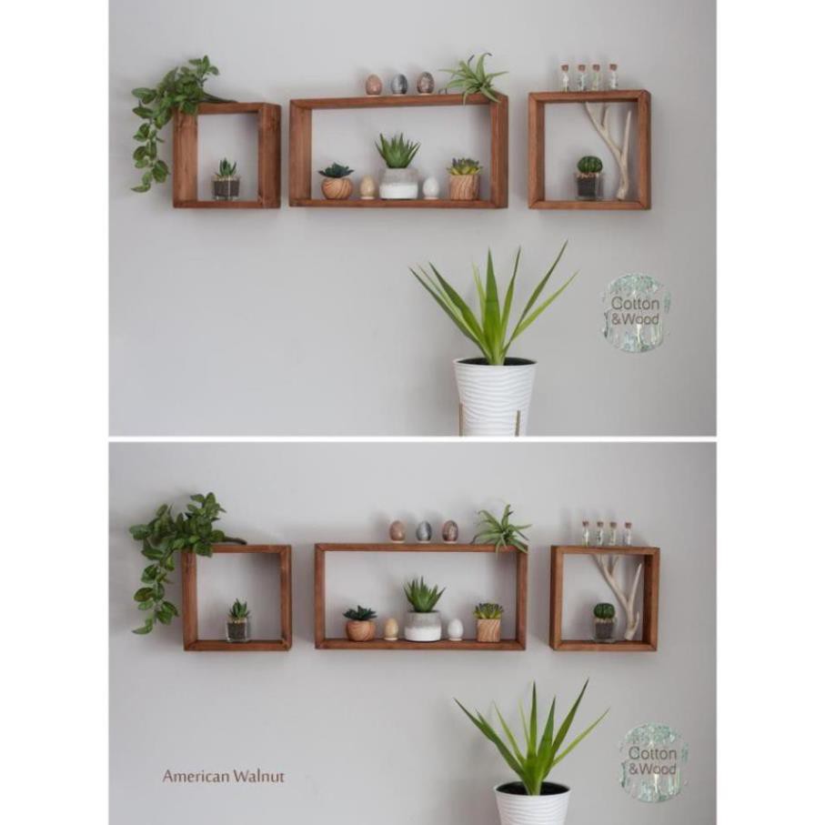 Bộ 3 kệ gỗ treo tường HCN Mộc bằng nhau gỗ tự nhiên