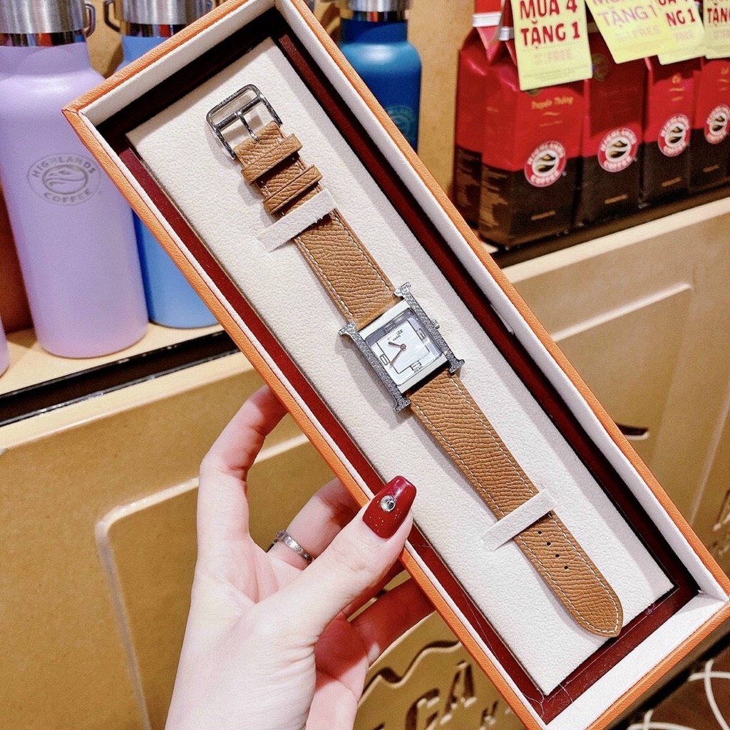 Đồng hồ Hermes Heure H Double Jeu nữ dây da - Viền Ceramic Mặt Đính Đá - Size 26x32mm hermes