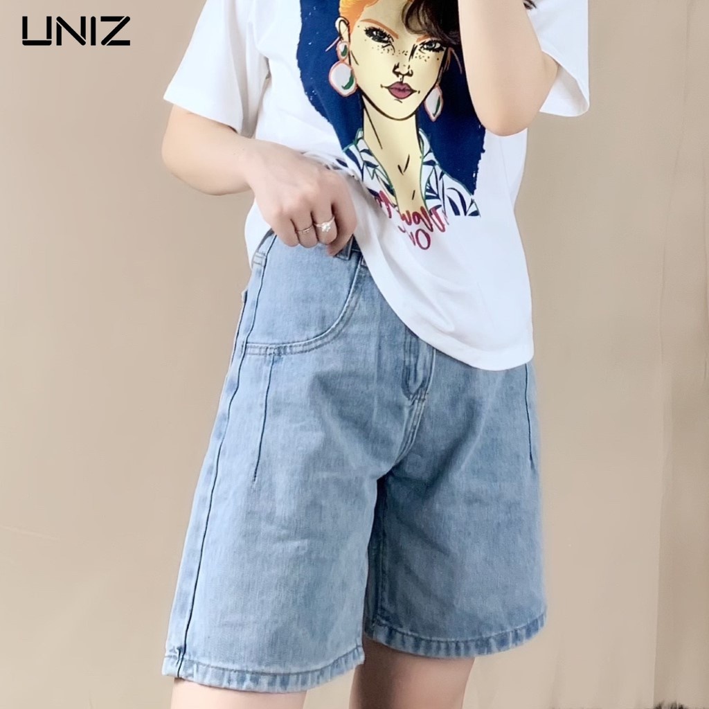Quần Short Nữ 4 Khuy UNIZ (Màu Xanh), Dáng Lửng, Ulzzang, Cạp Cao, Form rộng, Vải Jean, Mềm Mại, Không Bai Màu