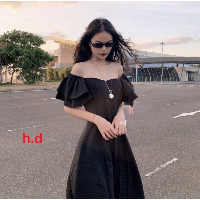 Váy babydoll tay bồng cổ vuông Đầm trễ vai tiểu thư ulzzang dáng xoè hai lớp có khóa lưng basic đen trắng vintage