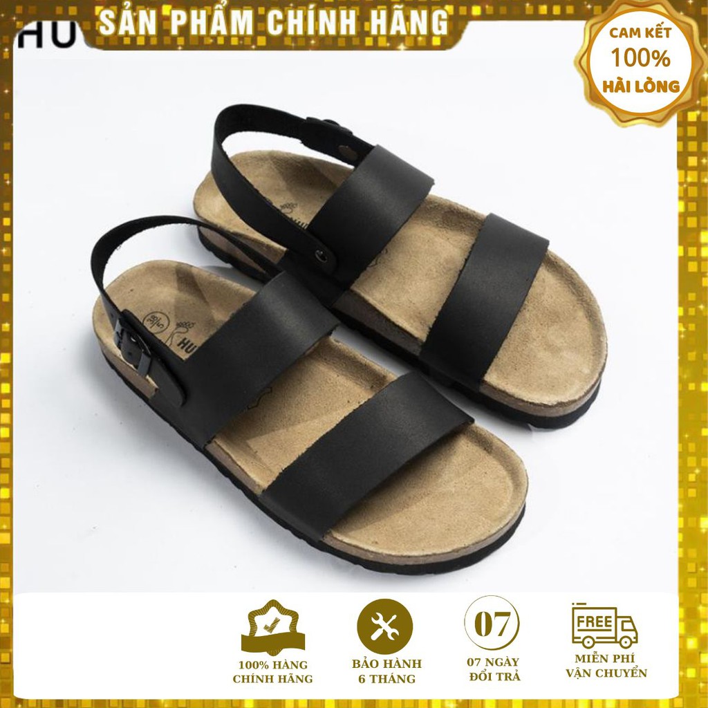 Sandal HuuCuong 2 quai da bò đen đế trấu