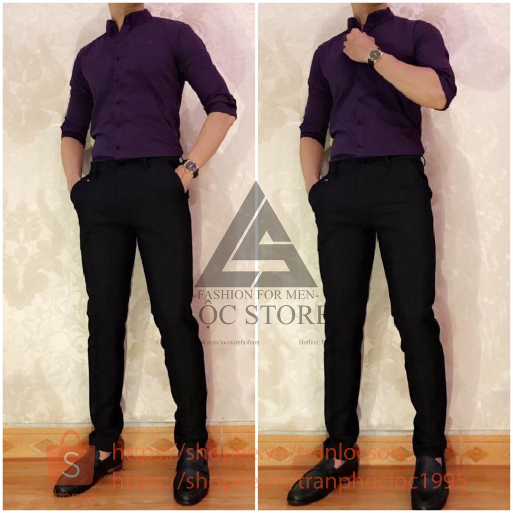 Set quần tây âu đen và áo sơmi tím body hàn quốc