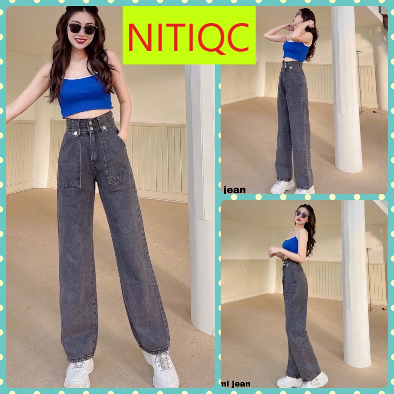 [ VIDEO+FREESHIP ] QUẦN JEAN ỐNG RỘNG NỮ LƯNG CAO 2 NÚT 2 TÚI TRƯỚC ĐĨA TO MÀU XÁM NHẠT LAI CUỐN MỀM MỊN MÁT BỀN BỈ NITI