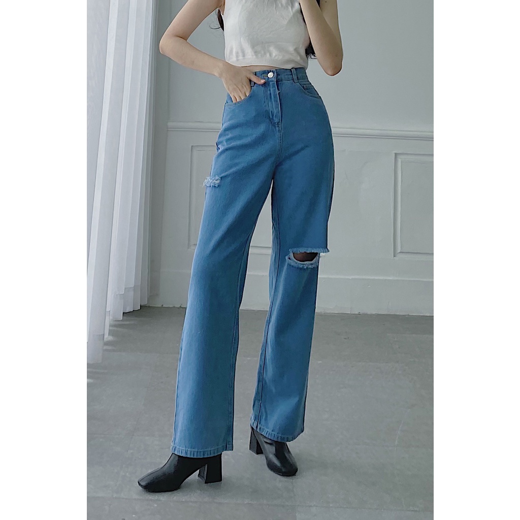 Quần Jeans Nữ Ống Rộng Rách Đùi Vientran V64W21Q011