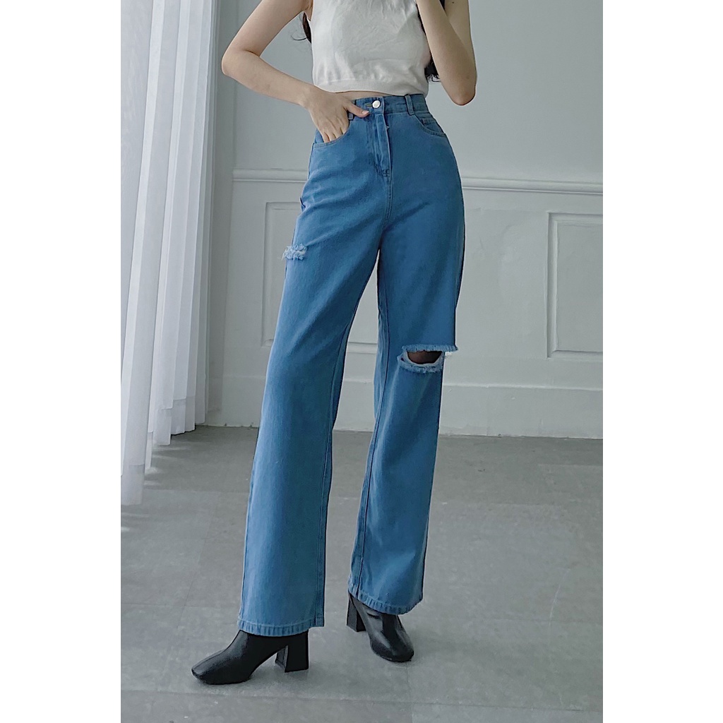 Quần ống rộng jeans rách đùi VIEN TRAN V64W21Q011