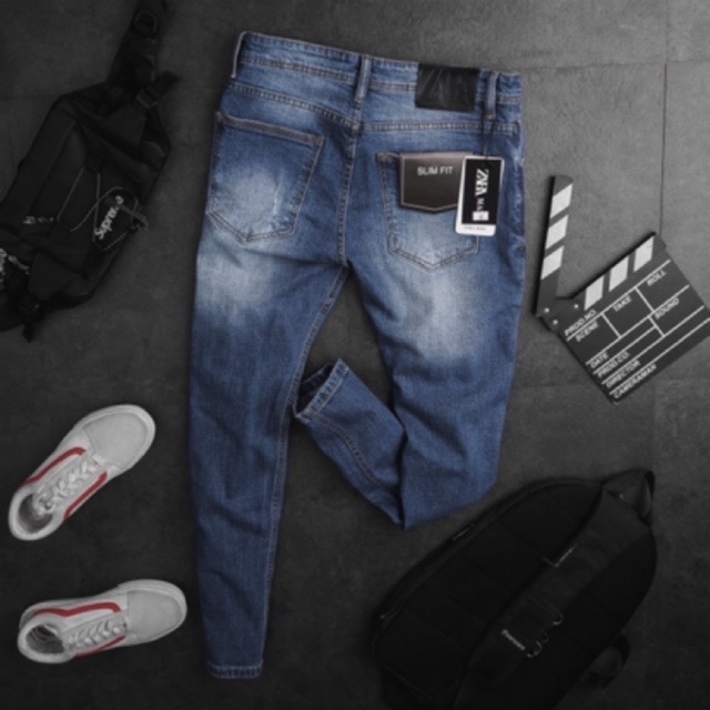 Quần jean nam cao cấp ZR ống ôm slimfitxanh rách- quần bò co giãn