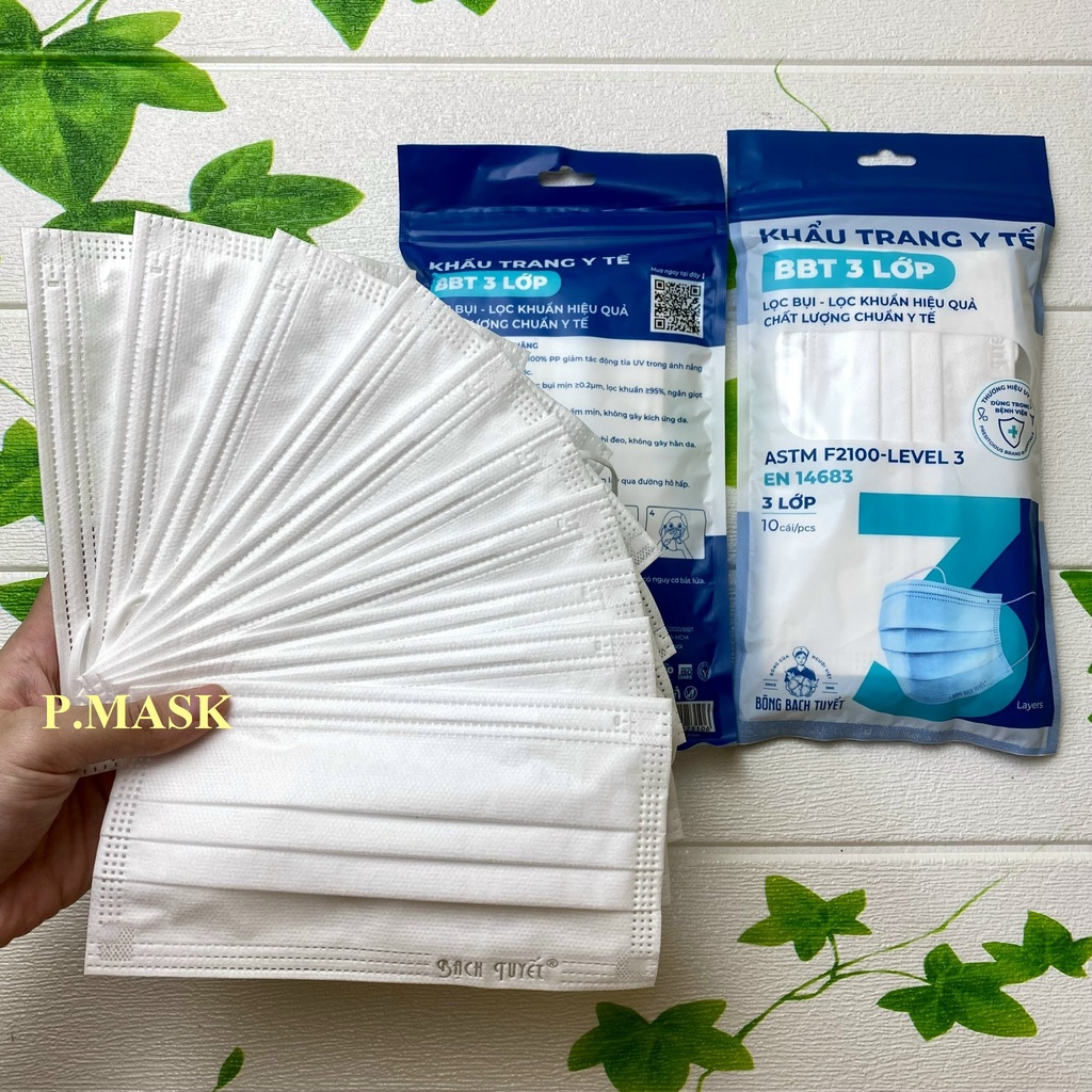 Khẩu trang y tế BÔNG BẠCH TUYẾT 3 LỚP màu Trắng, Xanh 10 cái/ gói