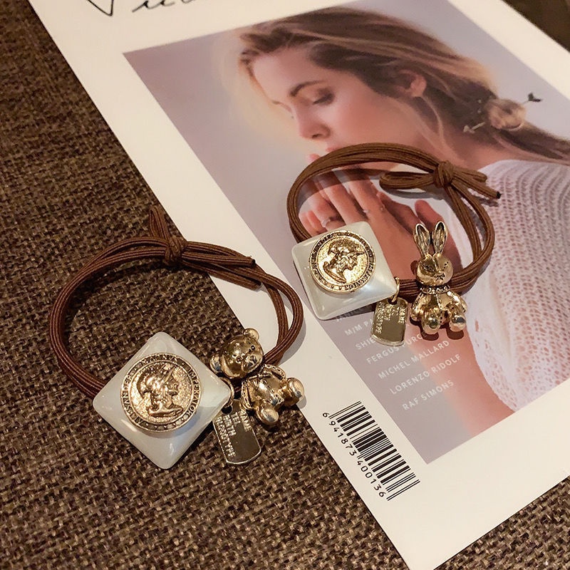 Dây buộc tóc đàn hồi đính chú gấu/ thỏ ngọc trai nhân tạo thời trang dành cho nữ